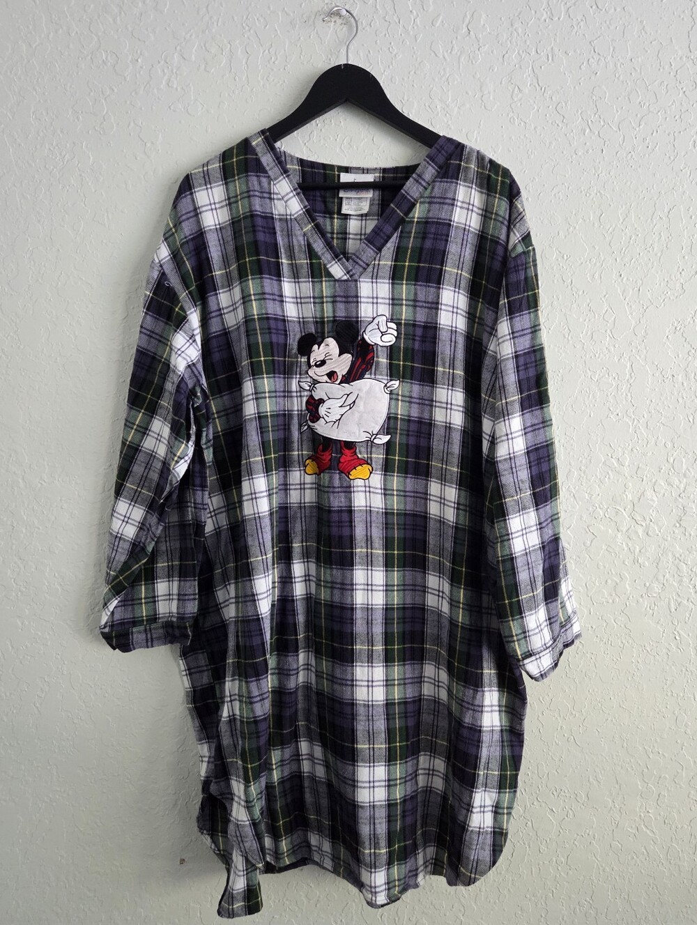 Vintage Disney Mickey Mouse Plaid Flannel Nightshirt V-Neck Long Sleeve Gown